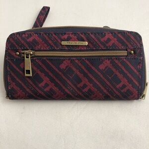 Travelon RFID red and navy print zip around wallet wristlet